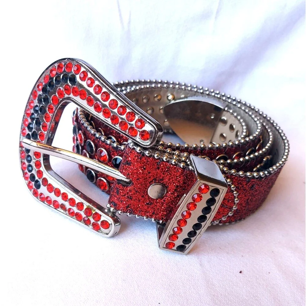 DNA PREMIUM WEAR WESTERN BELT RED BLACK RHINESTONE SILVER & GLITTER ACCENTS 43